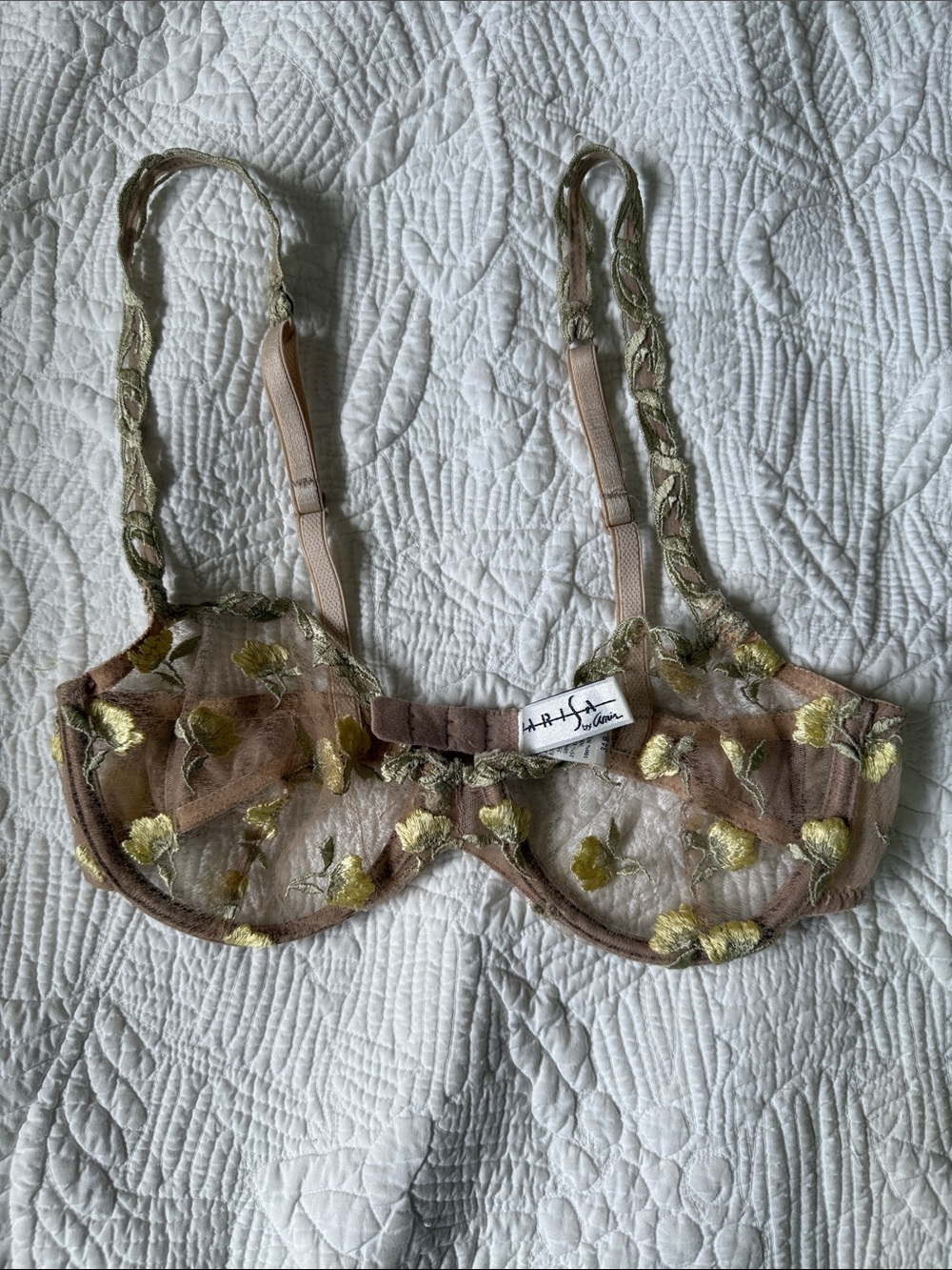 Parisa Nude Lace Bra & panty lingerie set with yellow embroider flowers nwt - Picture 5 of 16